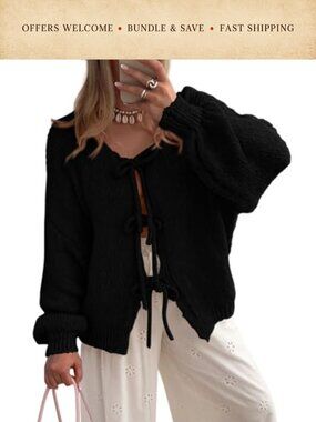 Tie Front Bow Cardigan Cable Knit Puff Sleeve Sweater for Women